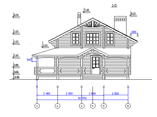Проект деревянного дома D138.  Фасад 1
