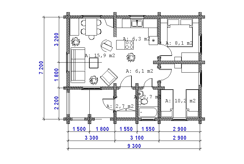 The project of wooden house D62.  Ground floor plan.