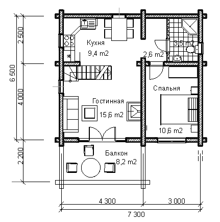 The project of Apartment wooden house D82.  Ground floor plan.
